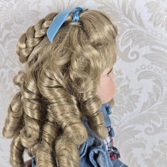 Vintage Delton Porcelain Doll Blue Eyes Blond Ringlets Denim Jumper Plaid Dress - Picture 12 of 16